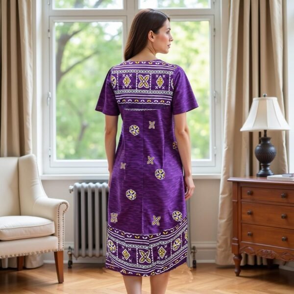 Loungees Border Print Cotton Lounge Dress/House Dress/Caftan | 3 Button Bib Yoke Short Sleeve - Image 3