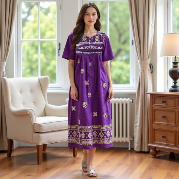 Loungees Border Print Cotton Lounge Dress/House Dress/Caftan | 3 Button Bib Yoke Short Sleeve - Image 2