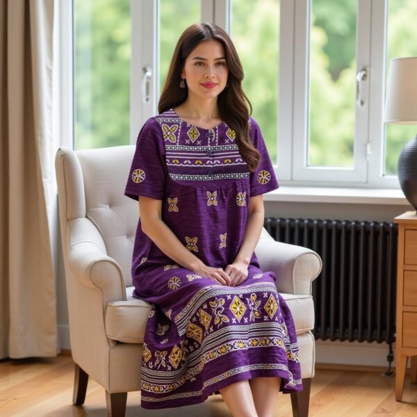 Loungees Border Print Cotton Lounge Dress/House Dress/Caftan | 3 Button Bib Yoke Short Sleeve - Image 4