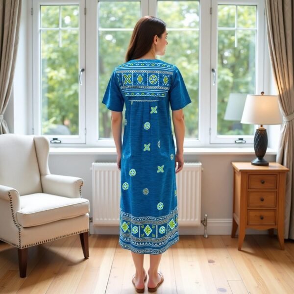Loungees Border Print Cotton Lounge Dress/House Dress/Caftan | 3 Button Bib Yoke Short Sleeve - Image 6