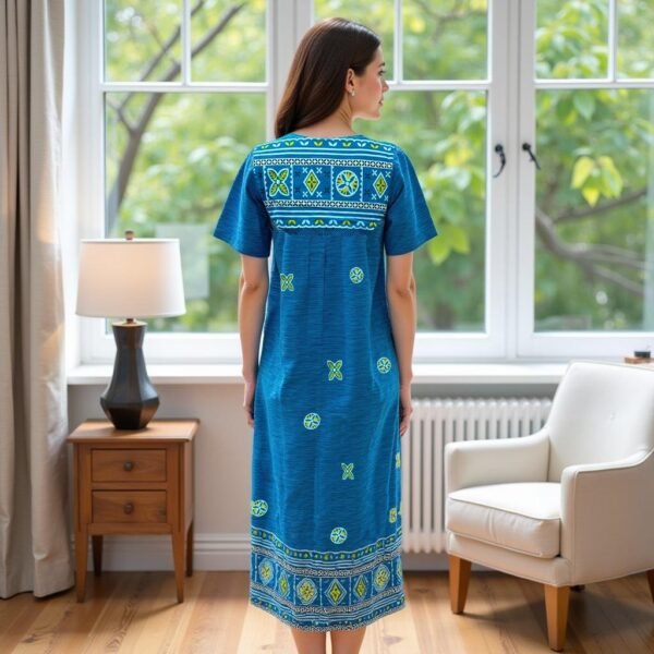 Loungees Border Print Cotton Lounge Dress/House Dress/Caftan | 3 Button Bib Yoke Short Sleeve - Image 5