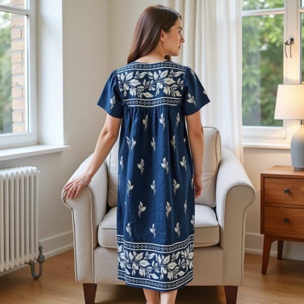 Women's Short Sleeve Royal Lounger House Dress - Contrast Yoke and Hem with Pockets - Image 2