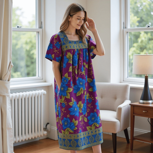 Women's Short Sleeve Purple/Blue Floral Lounger House Dress - Square Neck, Contrast Yoke and Hem with Pockets - Image 4