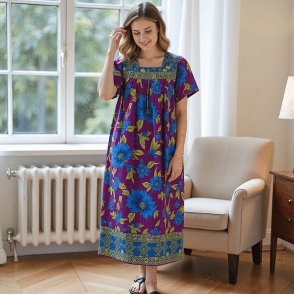 Women's Short Sleeve Purple/Blue Floral Lounger House Dress - Square Neck, Contrast Yoke and Hem with Pockets - Image 3
