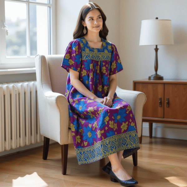 Women's Short Sleeve Purple/Blue Floral Lounger House Dress - Square Neck, Contrast Yoke and Hem with Pockets - Image 2