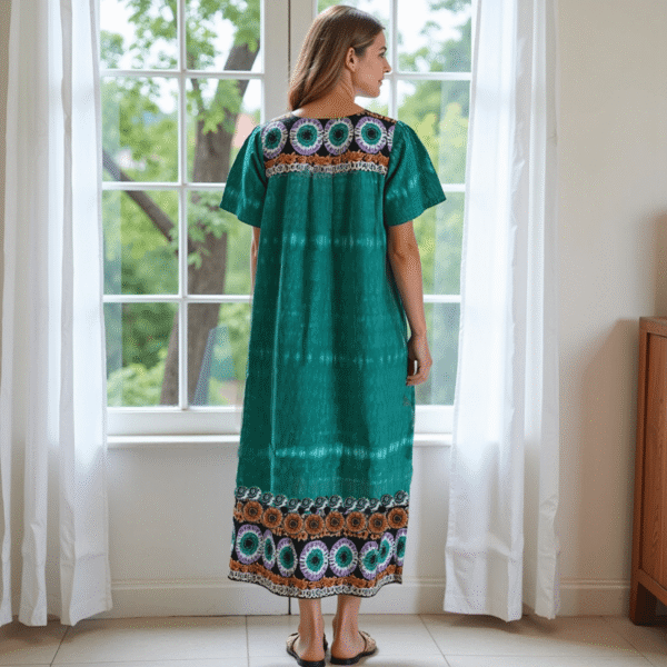Women's Short Sleeve Teal Lounger House Dress - Contrast Yoke and Hem with Pockets - Image 2
