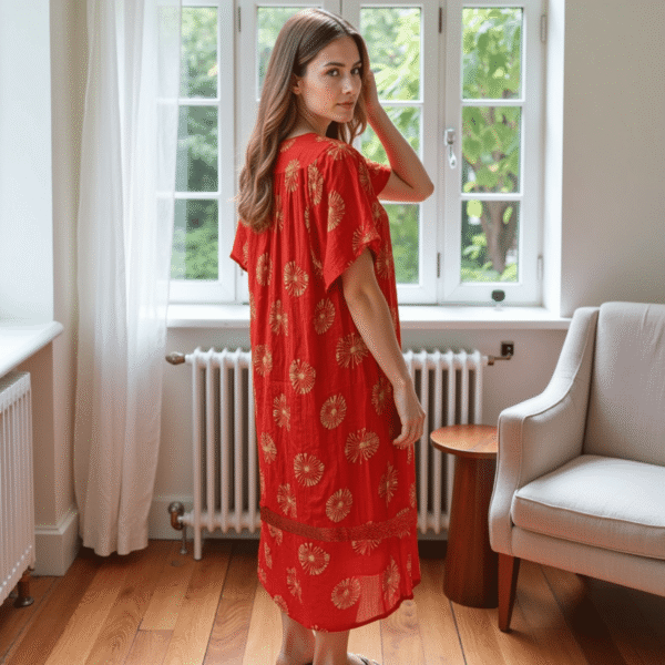 Women's Short Sleeve Orange-Red Starburst Gauze Lounger House Dress - Crochet V Neck and Pockets - Image 5
