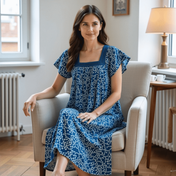 Women's Short Sleeve Blue Print Gauze Lounger House Dress - Crochet Square Neck and Pockets - Image 4