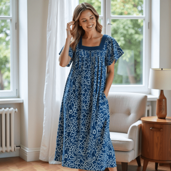 Women's Short Sleeve Blue Print Gauze Lounger House Dress - Crochet Square Neck and Pockets - Image 3