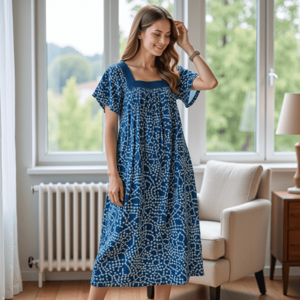 Women's Short Sleeve Blue Print Gauze Lounger House Dress - Crochet Square Neck and Pockets - Image 5