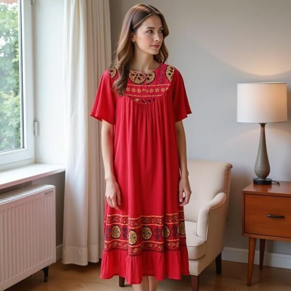 Loungees Women’s Lounge Dress - Boho Midi Muu Muu Dress with Printed Border, Relaxed Fit Crinkle Cotton Gauze, Side Pockets - Image 6