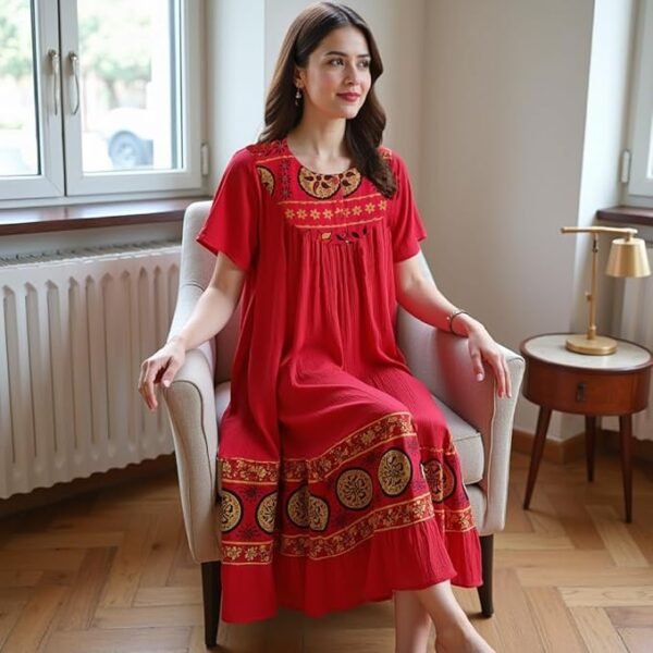Loungees Women’s Lounge Dress - Boho Midi Muu Muu Dress with Printed Border, Relaxed Fit Crinkle Cotton Gauze, Side Pockets - Image 2