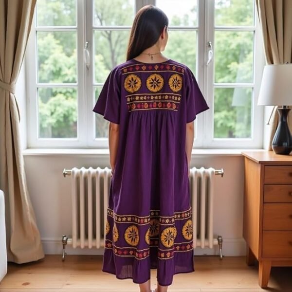 Loungees Women’s Lounge Dress - Boho Midi Muu Muu Dress with Printed Border, Relaxed Fit Crinkle Cotton Gauze, Side Pockets - Image 8