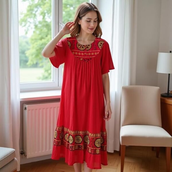 Loungees Women’s Lounge Dress - Boho Midi Muu Muu Dress with Printed Border, Relaxed Fit Crinkle Cotton Gauze, Side Pockets - Image 4