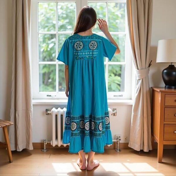 Loungees Women’s Lounge Dress - Boho Midi Muu Muu Dress with Printed Border, Relaxed Fit Crinkle Cotton Gauze, Side Pockets - Image 9