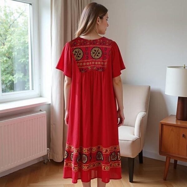 Loungees Women’s Lounge Dress - Boho Midi Muu Muu Dress with Printed Border, Relaxed Fit Crinkle Cotton Gauze, Side Pockets - Image 5