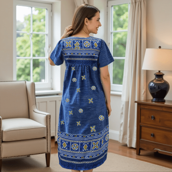 Loungees Border Print Cotton Lounge Dress/House Dress/Caftan | 3 Button Bib Yoke Short Sleeve - Image 7