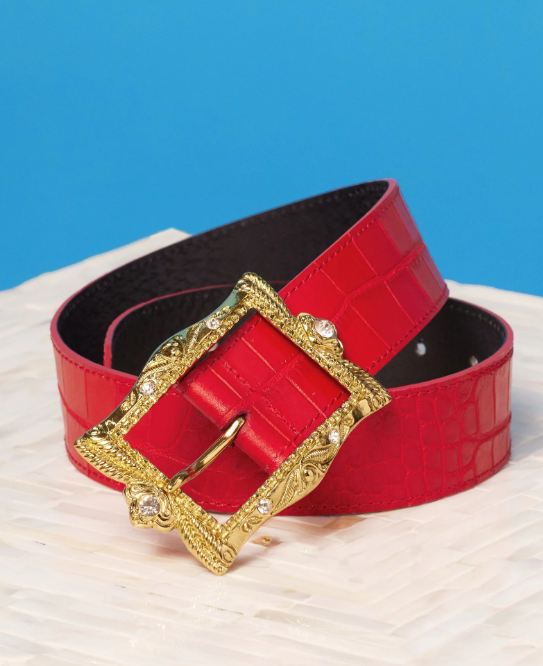 Blair Leather Belt in Croc-Embossed Red