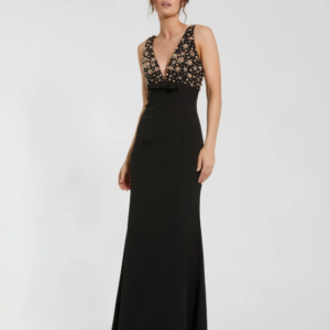 Black Sleeveless Embellished Crepe Gown With Bow